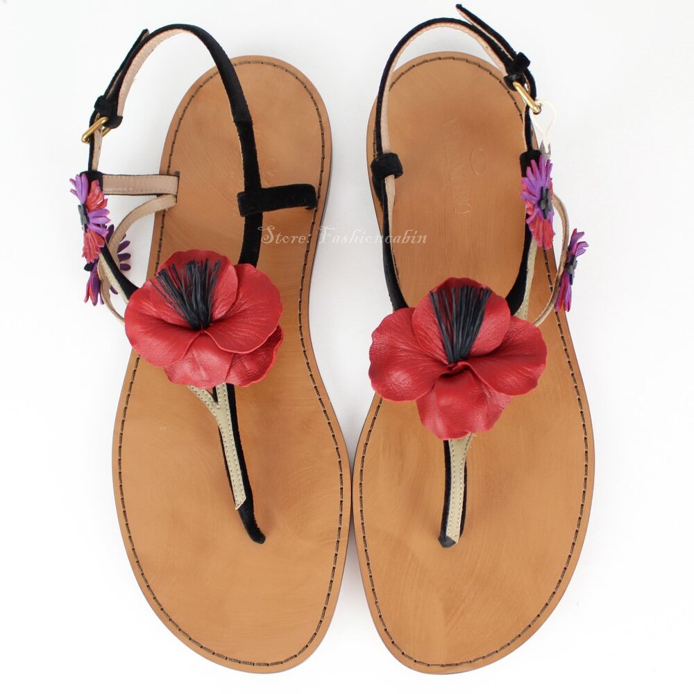 NEW VALENTINO Floral Suede Leather Sandals, Vacation-Ready Summer Flats